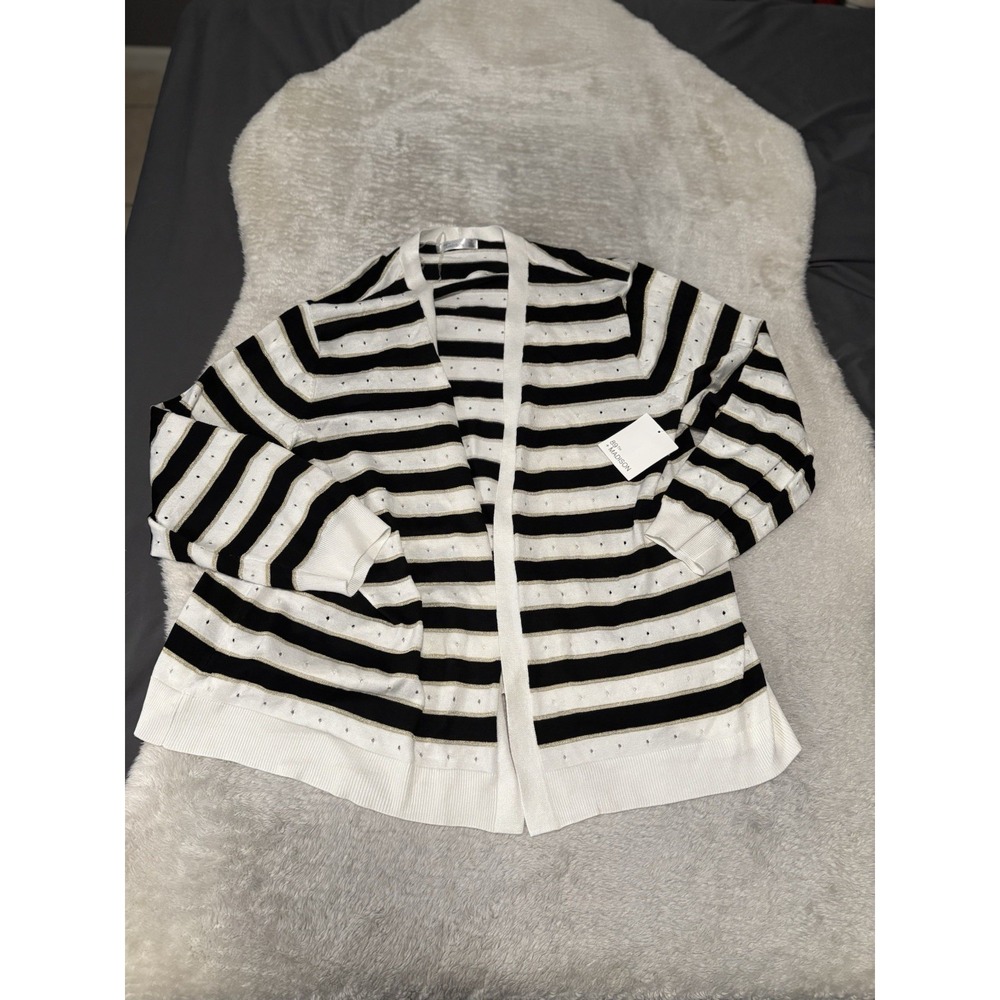 New 89th Madison Women's Black White Striped‎ Gold Cardigan Plus Size 3X